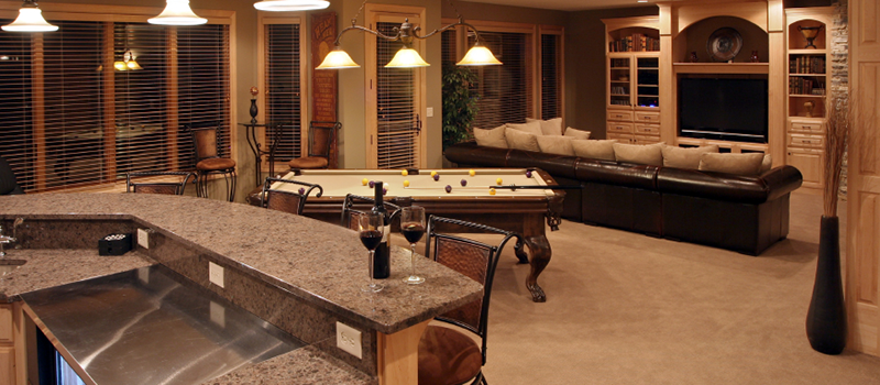 Finished basement with new flooring and drywall